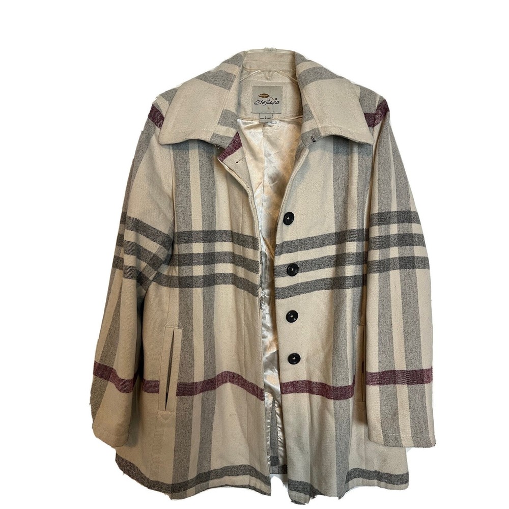 Bob Linley Womens Cream/Pink Plaid Long Sleeve Pea Coat w/ Pockets Sz Large